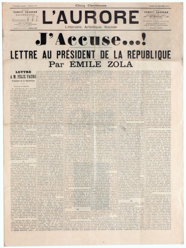 Emile Zola's famous 'J'Accuse' article on the front page of L'Aurore newspaper – in which Zola condemns the French establishment, military and judges of being heavily biased.