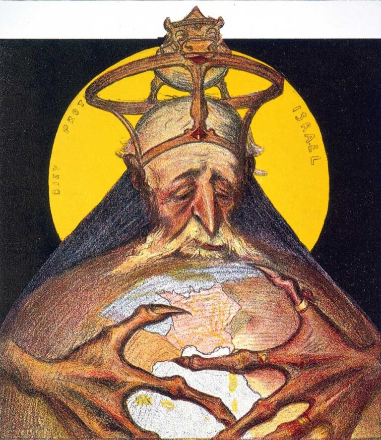 An antisemitic illustration of a member of the Rothschild family wearing a bejewelled crown squeezing the world with vampire-like hands.