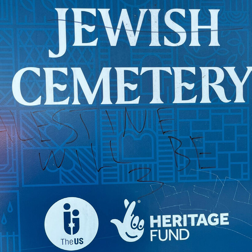 Jewish cemetery sign vandalised with words "Palestine will be free"