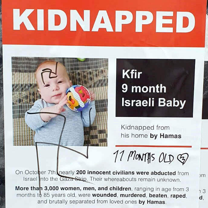 Swastikas drawn over a poster of Kfir Bibas – a 9 month old baby who was kidnapped by terrorists.