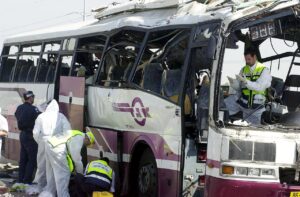 The remains of an Israeli bus, bombed in 2002 by a Hamas (Palestinian) suicide bomber. Eight people are killed and 19 injured. (Zvika Golan c/o Wikipedia)